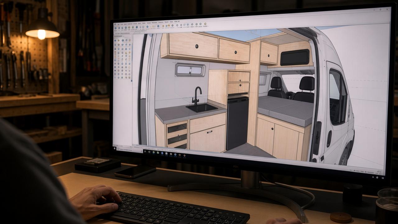 First-person view of a CAD van interior on a workshop monitor