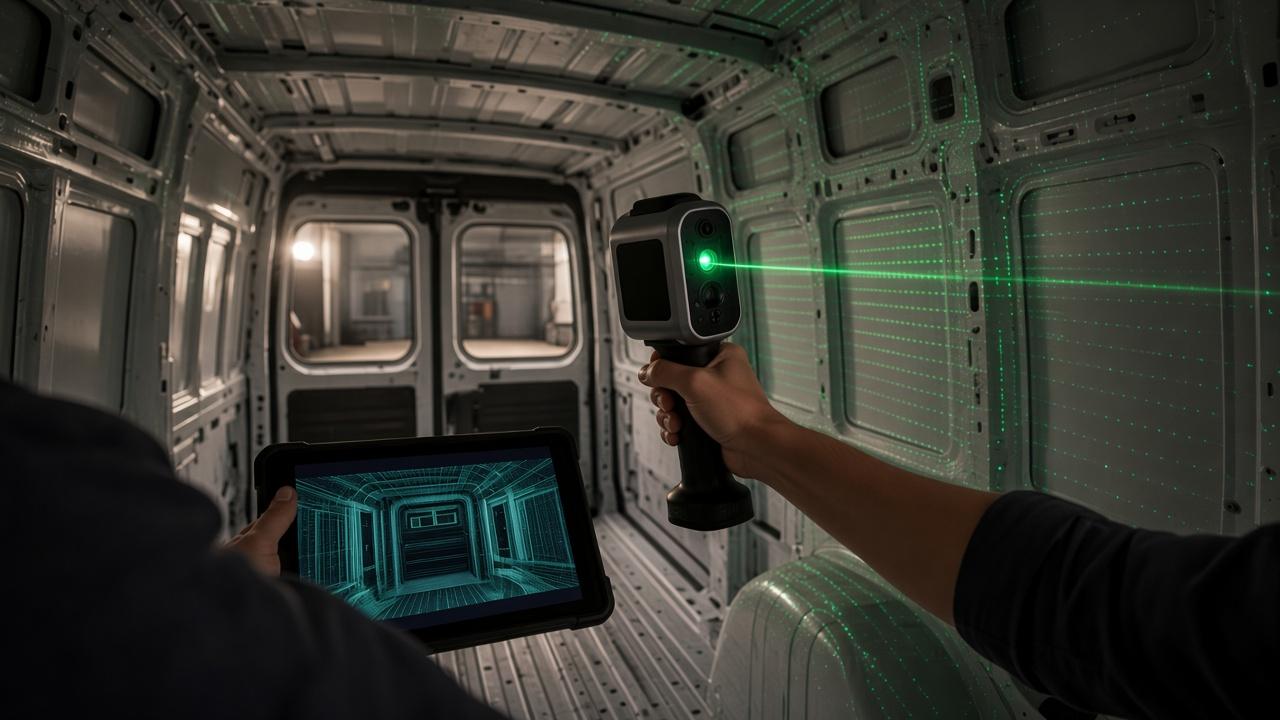 First-person view of a LiDAR scan inside an empty van, green laser grid on the ribs
